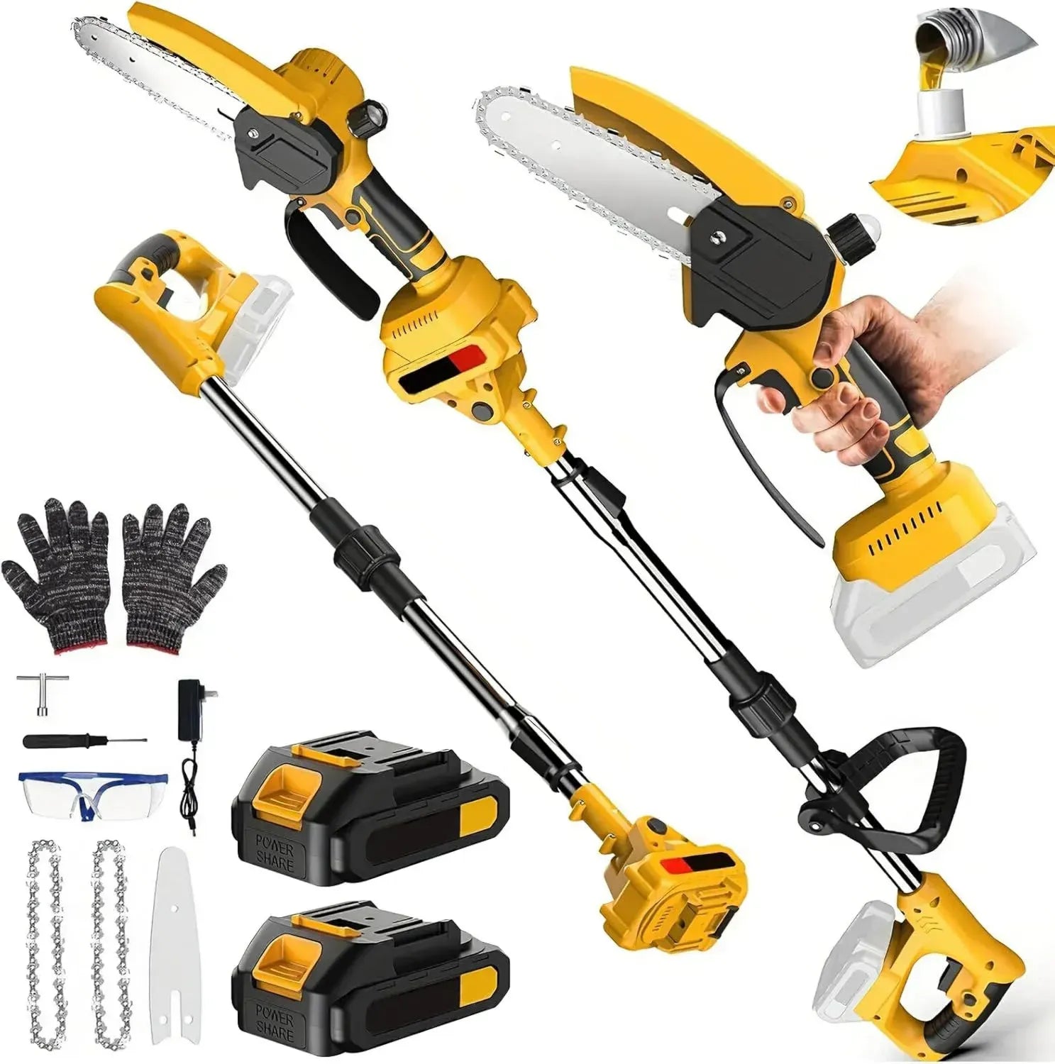 Scie sur Perche sans Fil 21V, Tronçonneuse 6 Pouces avec 2 Batteries 2.0Ah, Moteur sans Balais, Perche Électrique 2 en 1, Portée de 5 m, Outil pour Tailles et Jardins