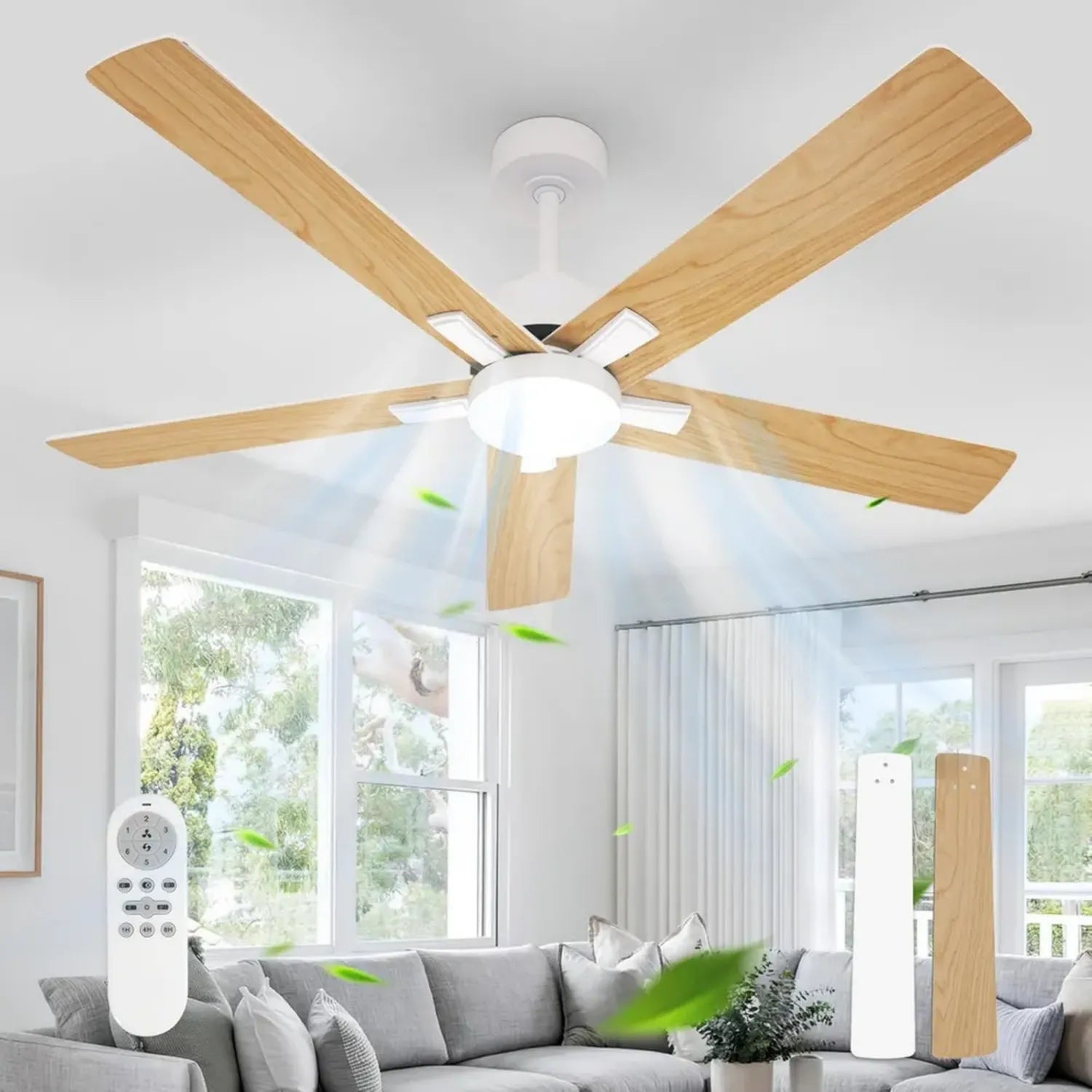 Ventilateur Plafond 132 cm avec LED, Télécommande, 6 Vitesses Silencieuses, Moteur DC Réversible