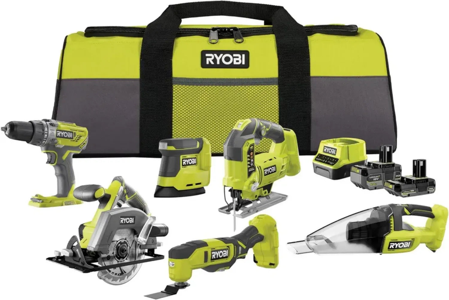 RYOBI - Ensemble d'Outils 18V ONE+ : Perceuse à Percussion, Scie Sauteuse, Ponceuse Triangulaire, Outil Multifonction, Scie Circulaire, Aspirateur - Avec Batteries et Chargeur