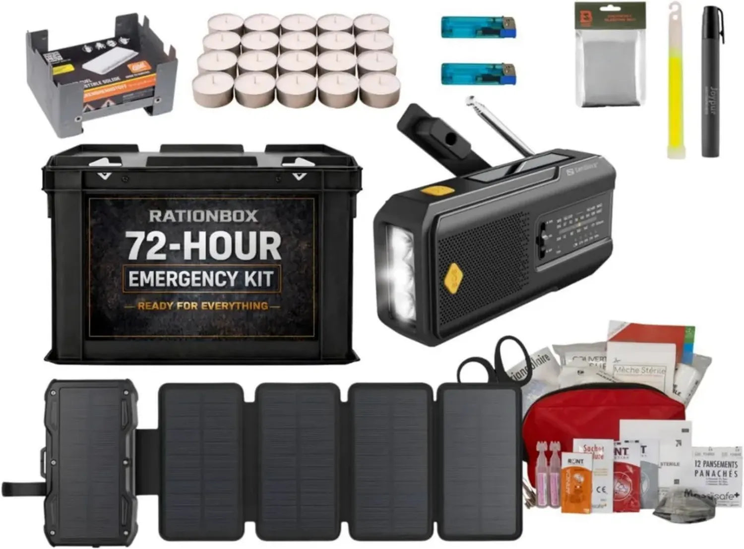Ensemble d'Urgence 72H: Radio Solaire, Power Bank, Premiers Secours, Bougies et Équipements