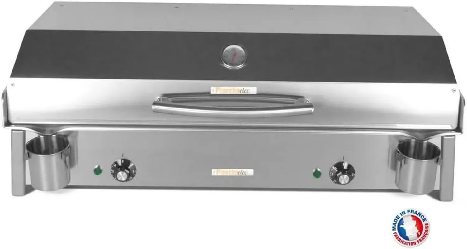 Plancha Électrique Anthea 3600W avec Couvercle et Accessoires - Inox - Thermostat Ajustable - Jusqu'à 16 Convives - Fabrication Française - 87x43x25 cm