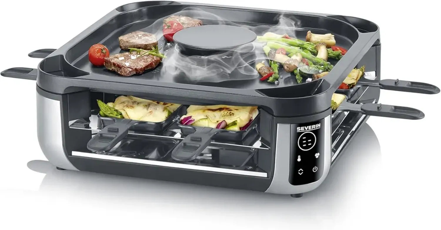 SEVERIN Gril à Raclette 8 Personnes avec Réduction de Fumée, Hotte Intégrée, 1 900 W, Noir/Inox, Modèle RG 2350