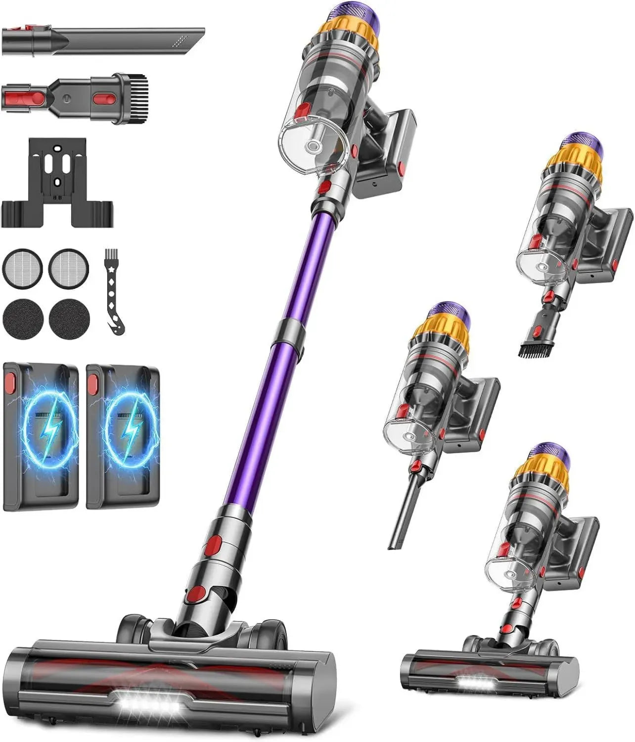 Aspirateur Balai Sans Fil Puissant 600W avec LED, 2 Batteries et Brosse Anti-Enchevêtrement