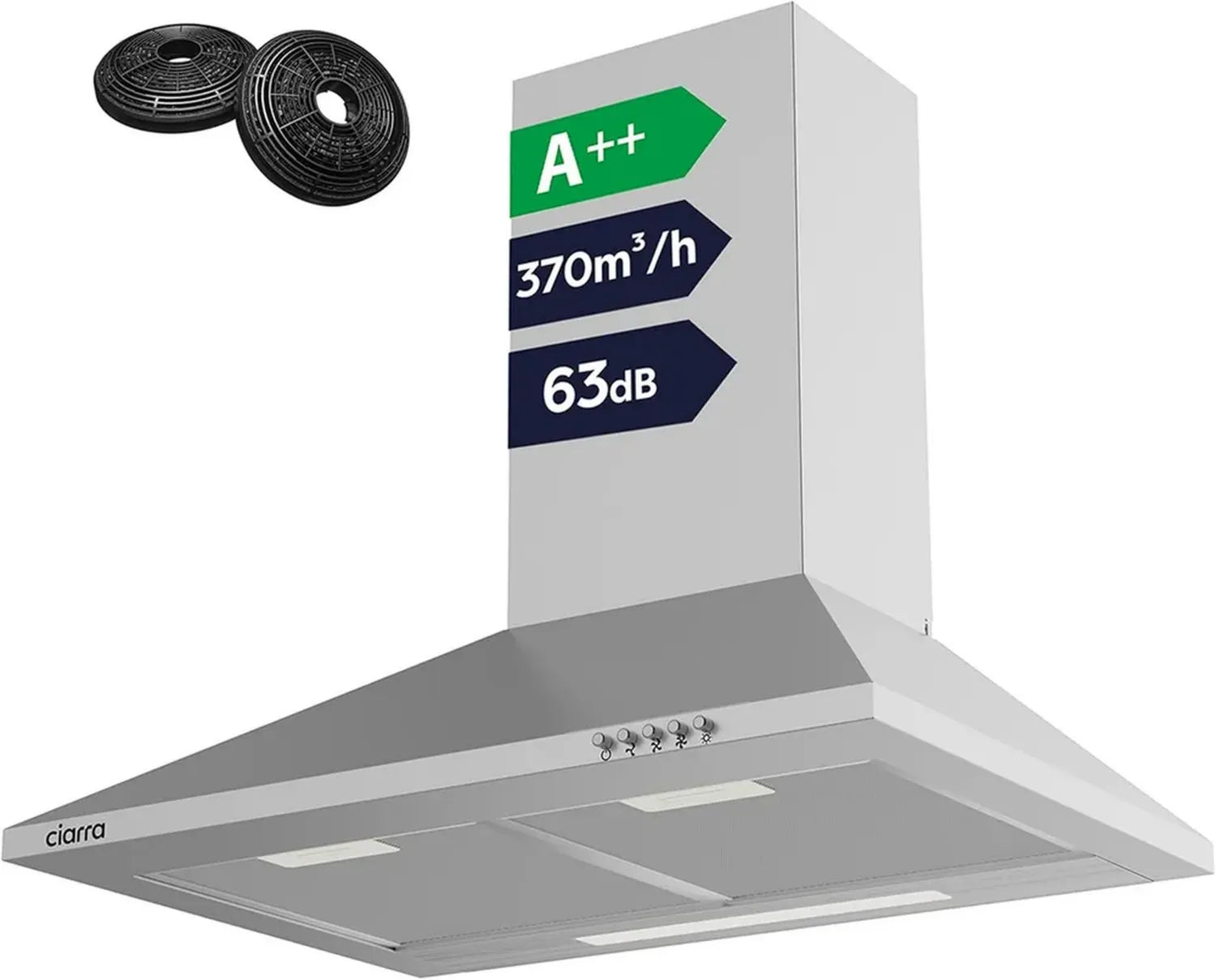 Hotte Murale Inox 60cm CIARRA - 370m³/h, A++, Évacuation/Recyclage, Filtres Charbon Inclus, 3 Vitesses