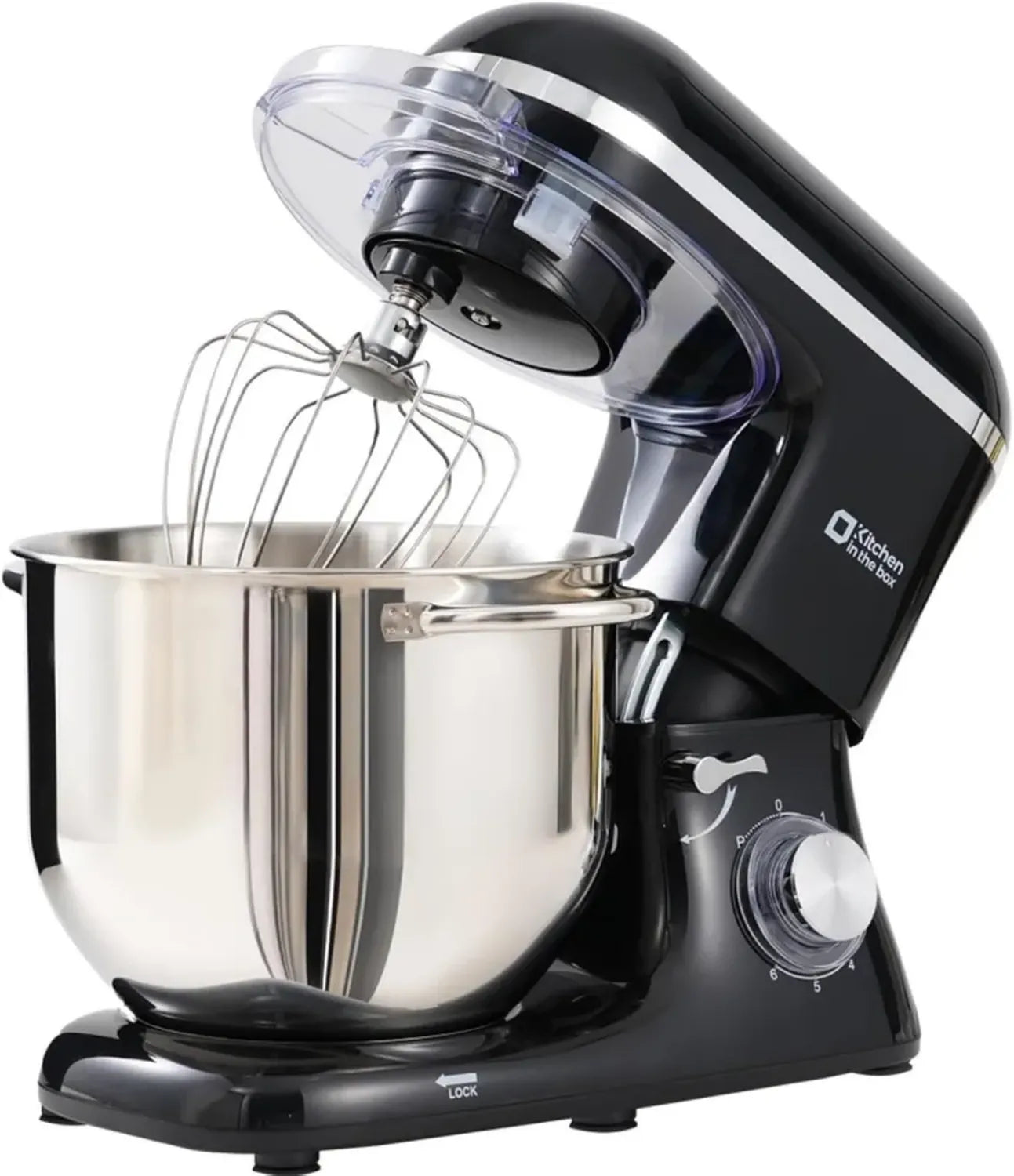 Robot Pâtissier 1400W avec Bol 7,5L Inox, 6 Vitesses, Tête Inclinable et Accessoires (Noir)