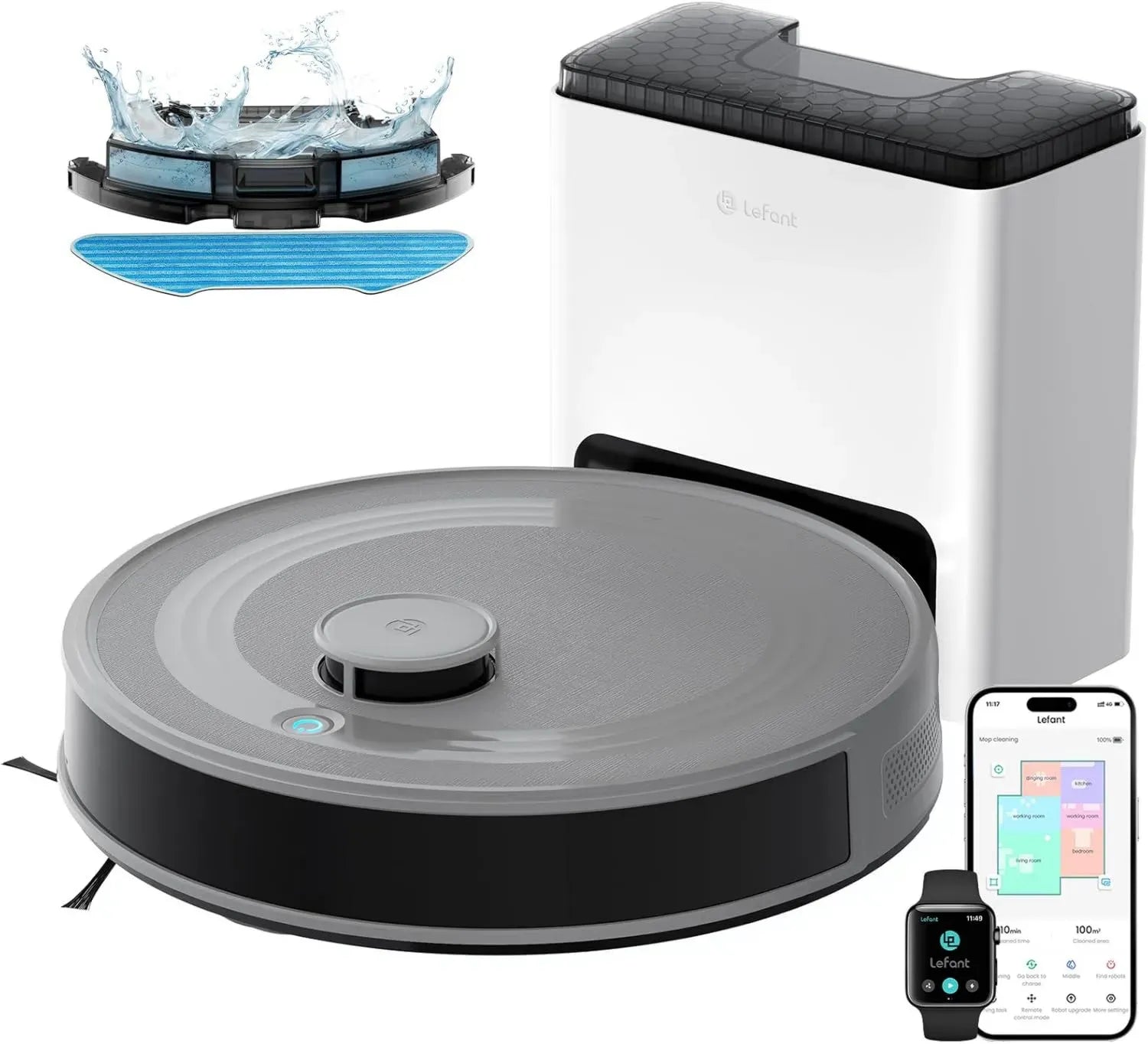 Robot Aspirateur Lefant M2S Plus avec Station de Vidange Automatique, 10000Pa, Évitement d'Obstacles, 240min, Compatible Alexa et App, Parfait pour Poils d'Animaux, Tapis et Sols Durs