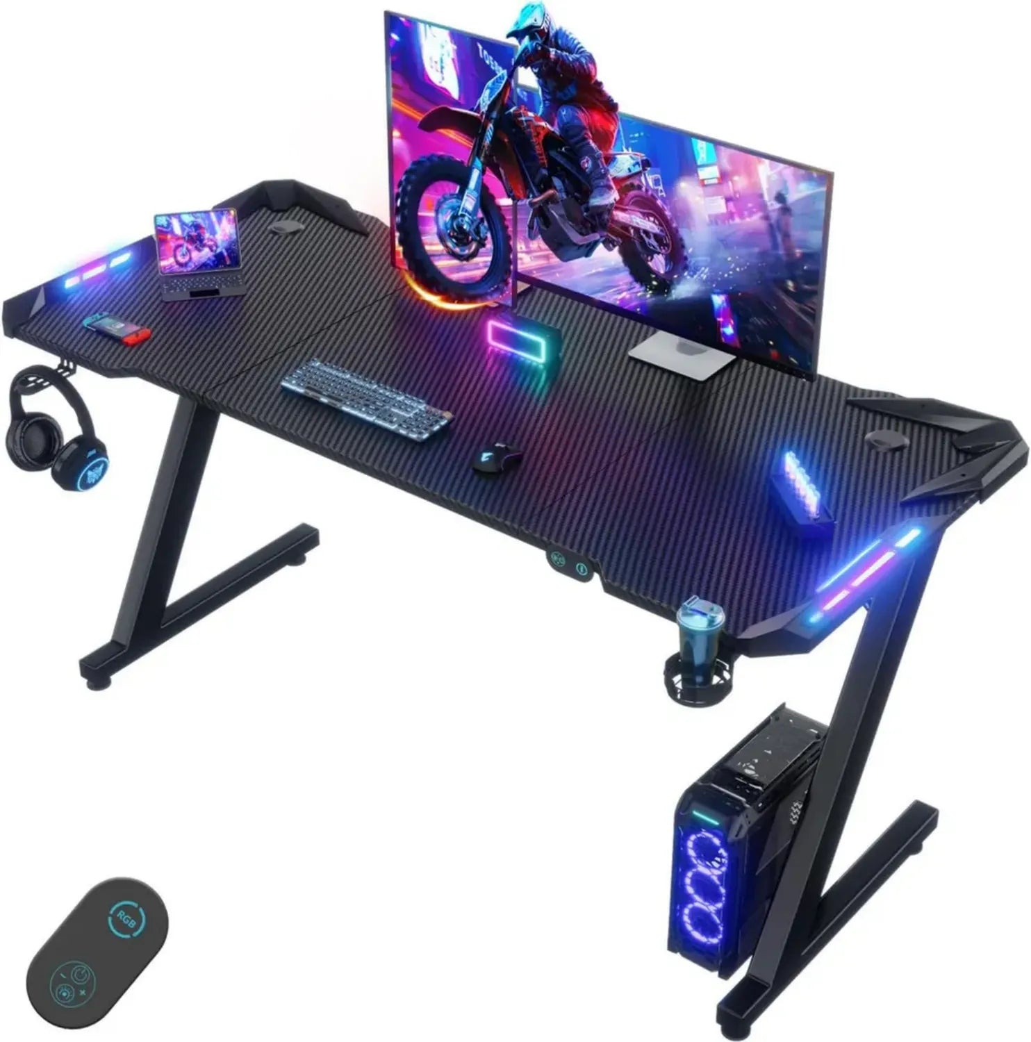 Bureau Gamer Ergonomique LED 140x60cm avec Contrôle Tactile USB, Modes Lumière Multiples, Porte-Gobelet et Crochet Casque, Noir