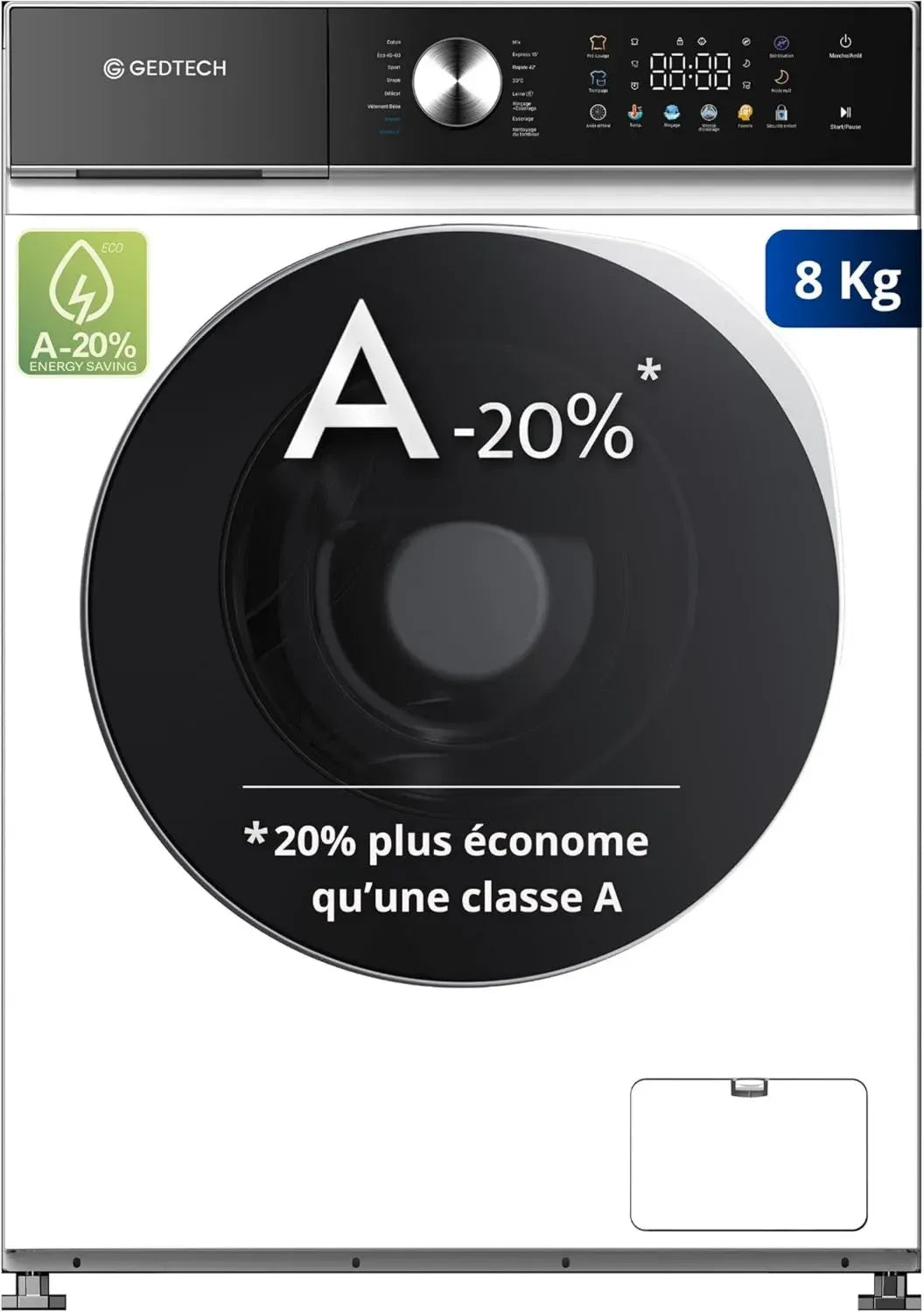 GEDTECH Lave-linge 8 Kg 1200 tr/min - 16 Programmes Éco, Intensif, Rapide - Consommation Réduite - Écran LED