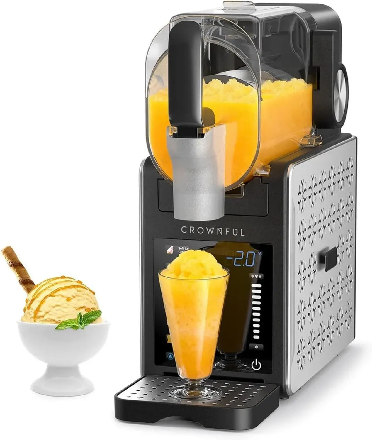 CROWNFUL Sorbetière 2.6 L Maison, Boissons Glacées, 6 Programmes: Glace, Margarita, Frappé, Auto-nettoyage, 12h Maintien (Noir)