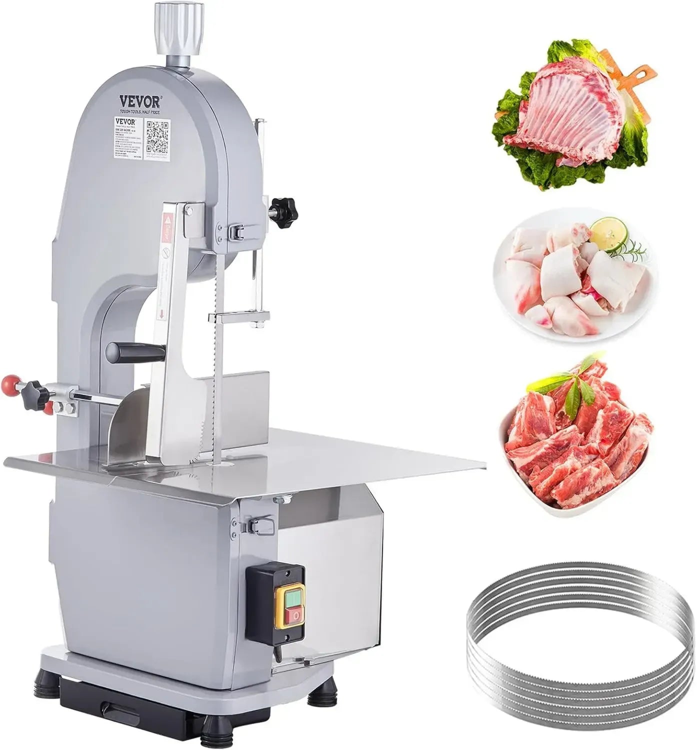 Scie à Ruban Électrique pour Viande et Os, 1500W, 300 kg/h – Idéale pour Supermarchés et Restaurants, Tablette 490x380 mm, Épaisseur de Coupe 4-200 mm