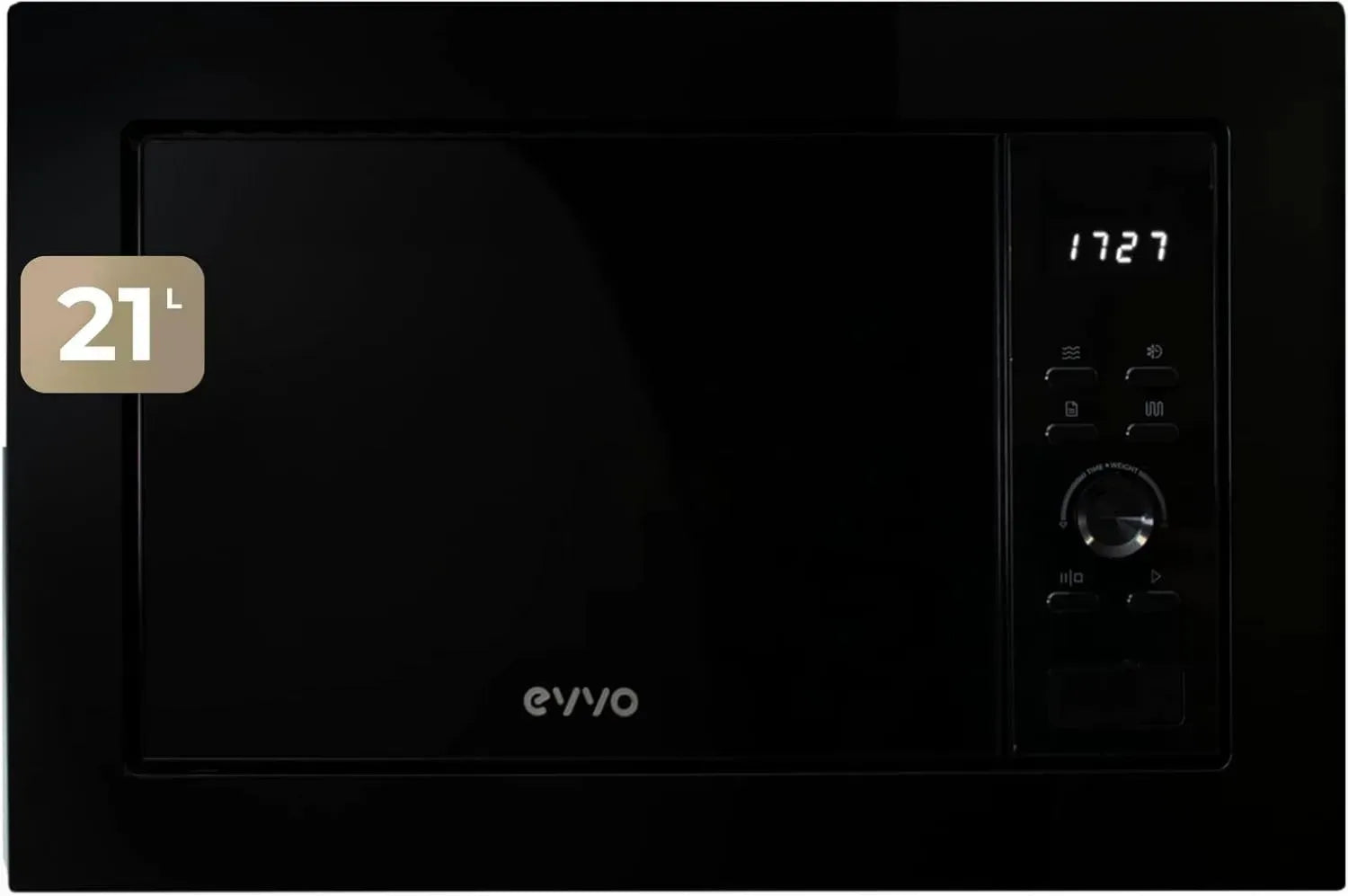 Four à micro-ondes encastrable EVVO Mi30 Noir, 21L, Grill 1000W, Porte Brillante, Multifonction avec Décongélation, Minuterie 60 min, Écran Numérique