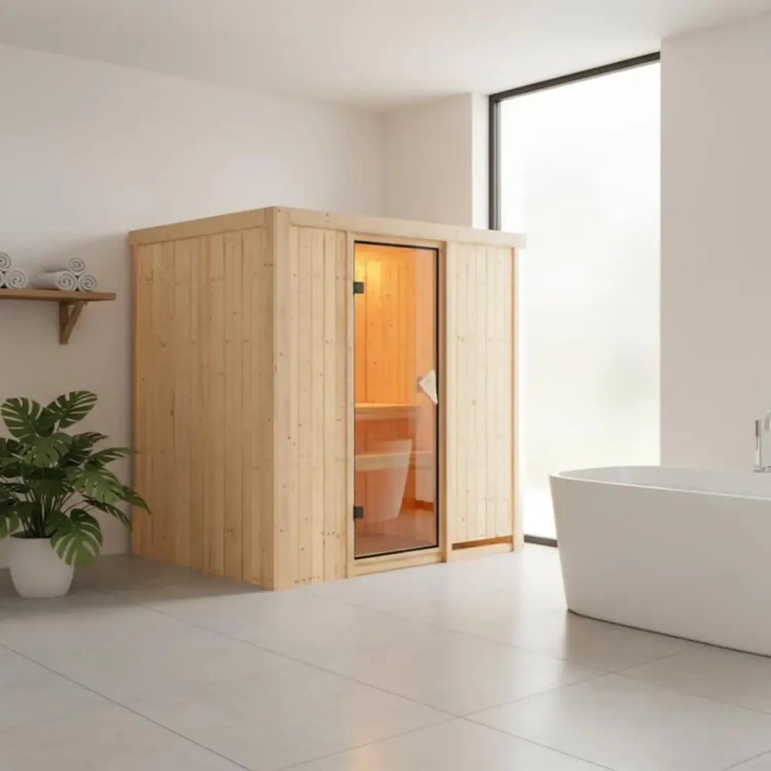 Sauna d'Angle 4 Places Karibu en Épicéa Nordique avec Option Poêle Électrique