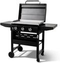 Barbecue à gaz Brasero sur chariot – 3 brûleurs 12 kW – Plaque en acier inoxydable 69,5 x 44 cm – Pour 12 personnes – Tablettes pliables, roues et couvercle