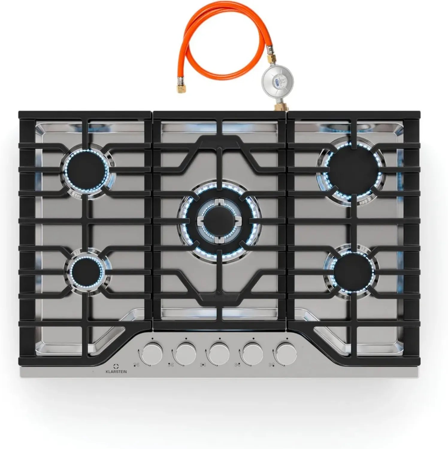 Plaque de Cuisson à Gaz Klarstein Turbocast - 5 Brûleurs en Acier Inoxydable, Fonction Wok 3,4 kW, Allumage Électrique, Supports en Fonte, Compatible GPL, 750x500 mm