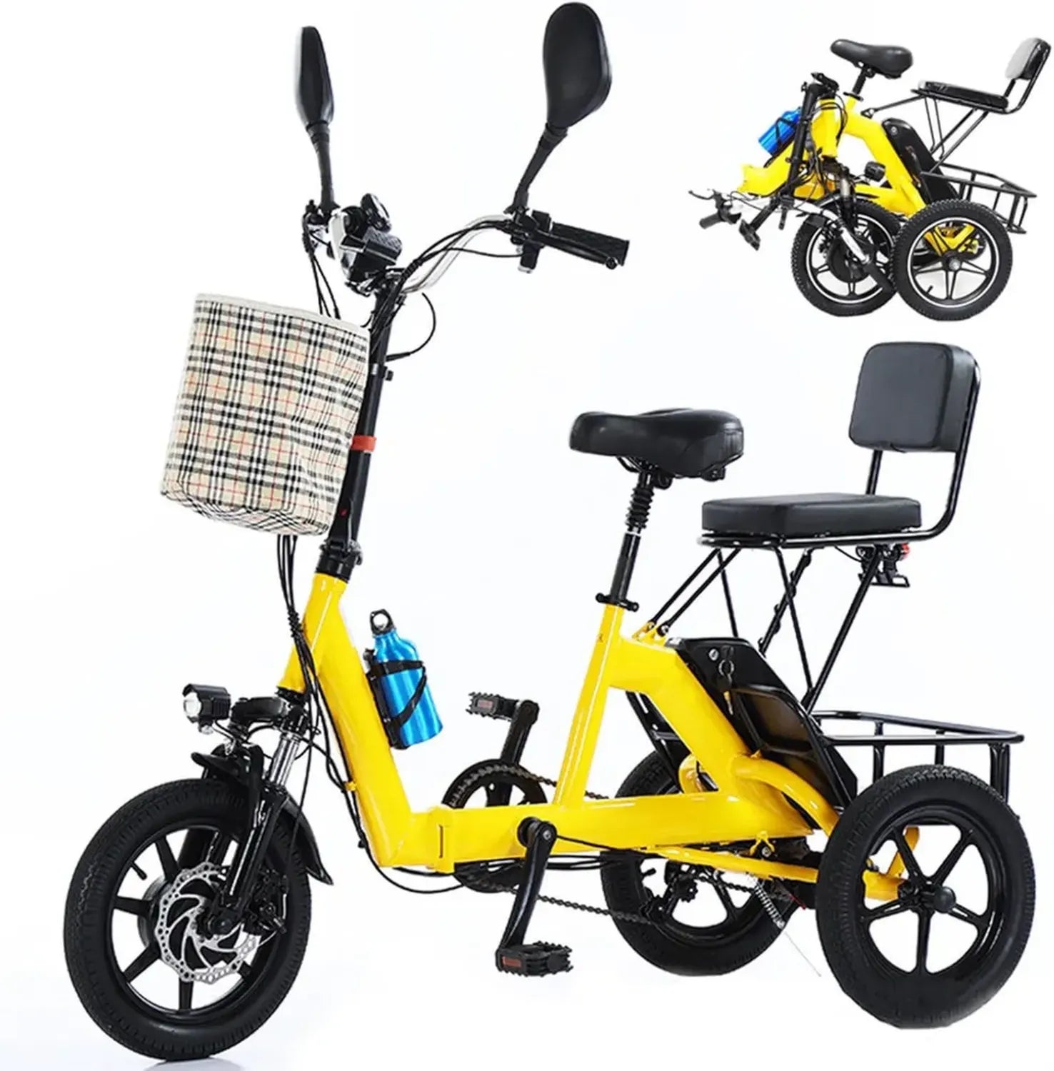 Tricycle Électrique Pliable Adulte avec Siège Passager et Grand Panier, Batterie Lithium 48V 10Ah, Charge 180kg, Jaune