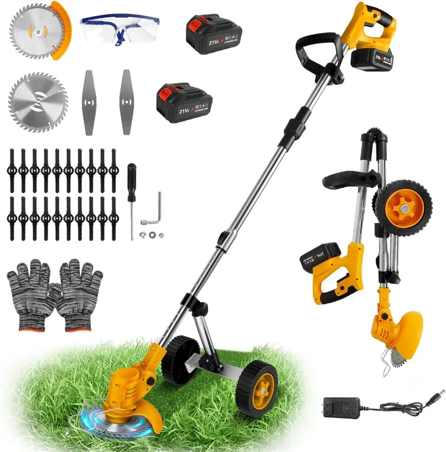 Tondeuse à Batterie 21V sans Fil, Kit Complet avec 2 Batteries et Chargeur, Débroussailleuse Multifonction à Roues et 3 Types de Lames, Compatible Makita 18V (Jaune)