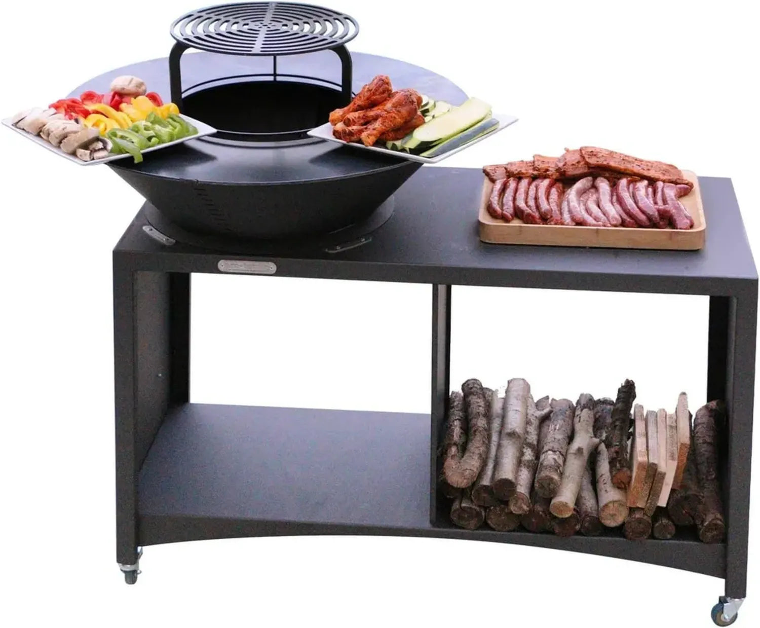 Îlot de Brasero Design avec Plaque en Acier et Grille Amovible Ø 100 cm pour Barbecue Extérieur