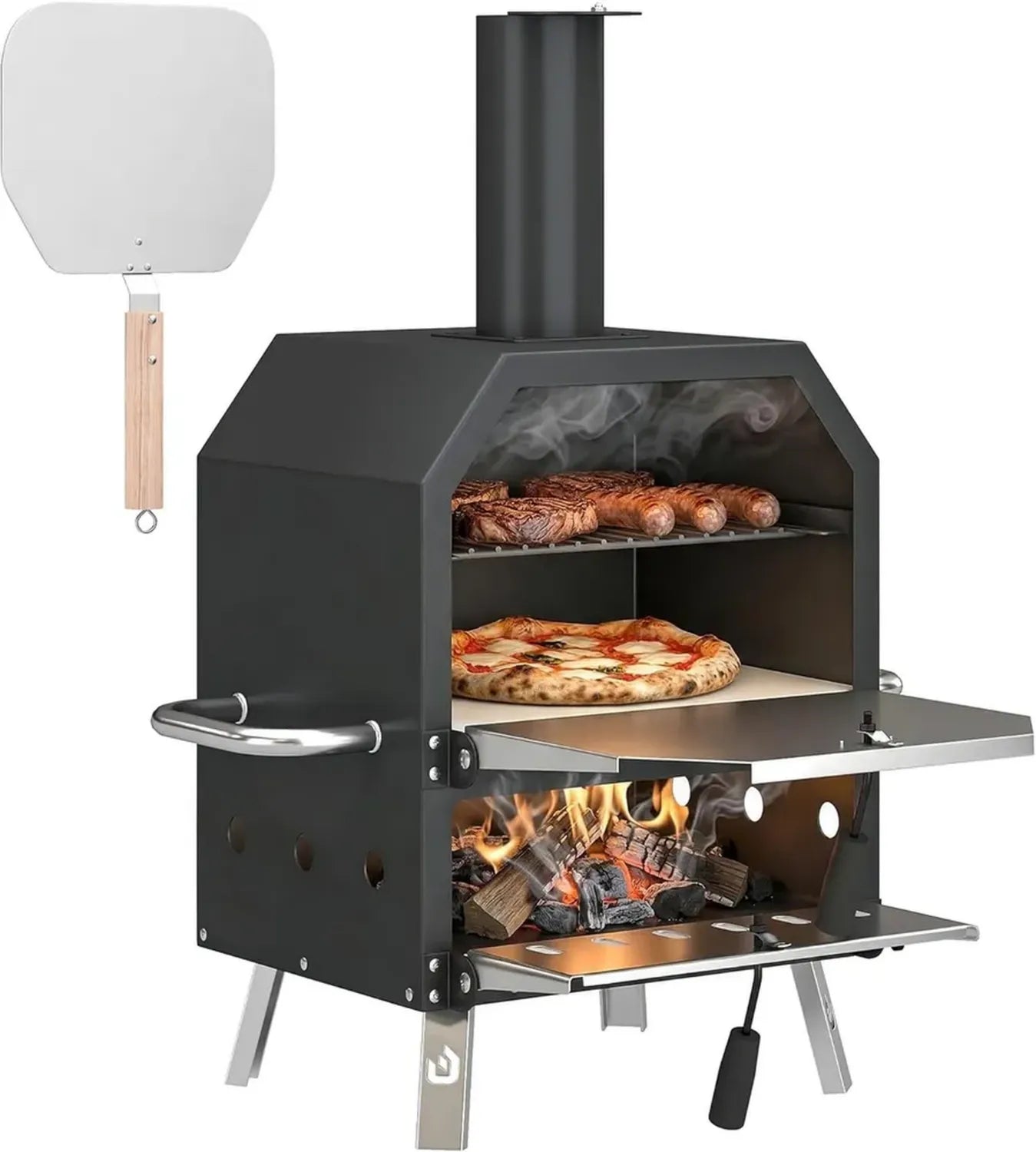 Four à Pizza Extérieur Bois et Charbon - Barbecue Fumoir 2 Niveaux avec Pierre et Pelle - Portable Pliable pour Camping et Jardin