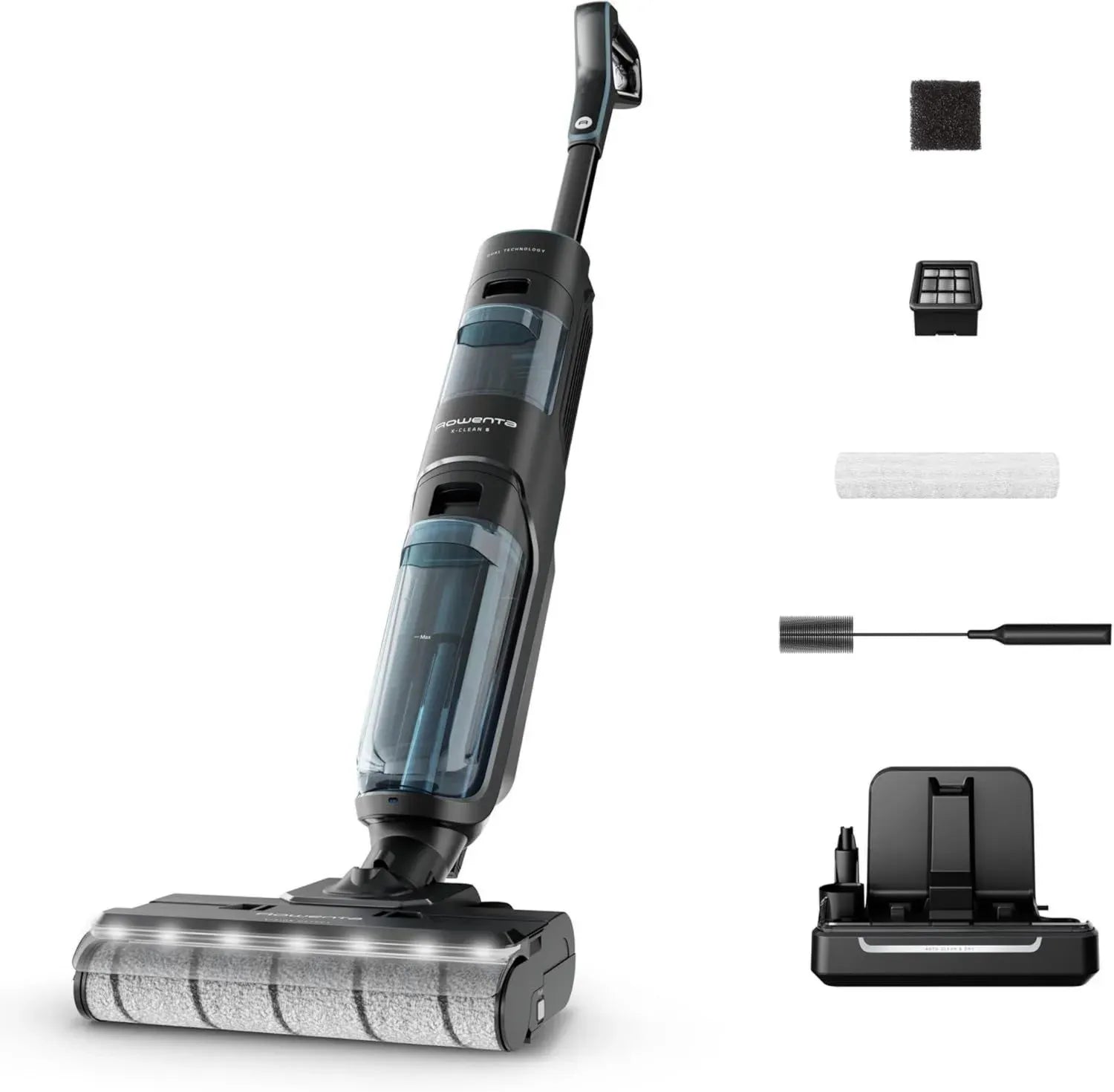 Rowenta X-Clean Pro, Aspirateur Balai 2-en-1 avec Détection Automatique, Nettoyage et Séchage Rapide, Éclairage LED, Nettoyage Automatique, Noir