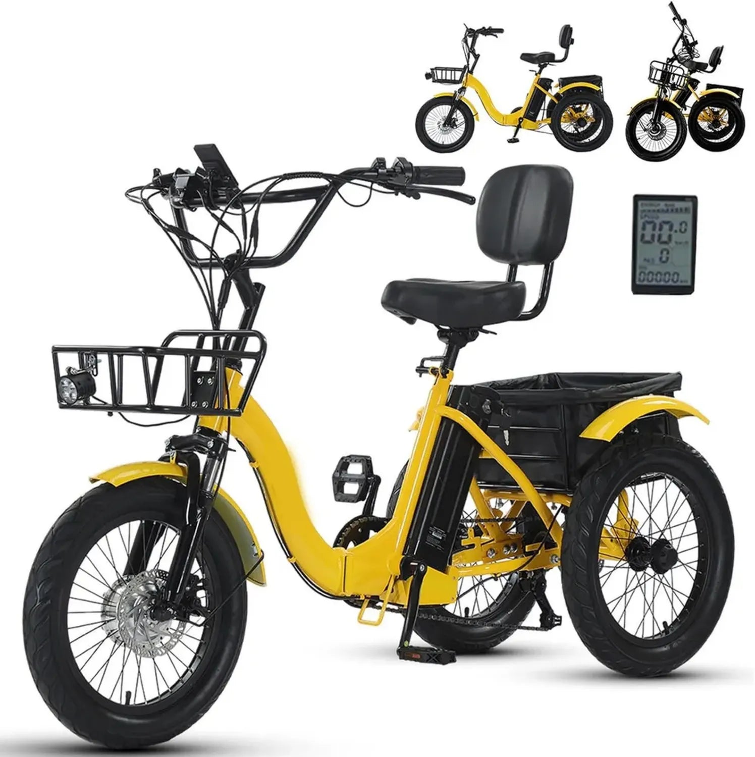 Vélo électrique pliable adulte 7 vitesses, batterie 48V 13Ah, pneus 18x3.0, autonomie 44 km, phare LED, klaxon, paniers avant et arrière, jaune