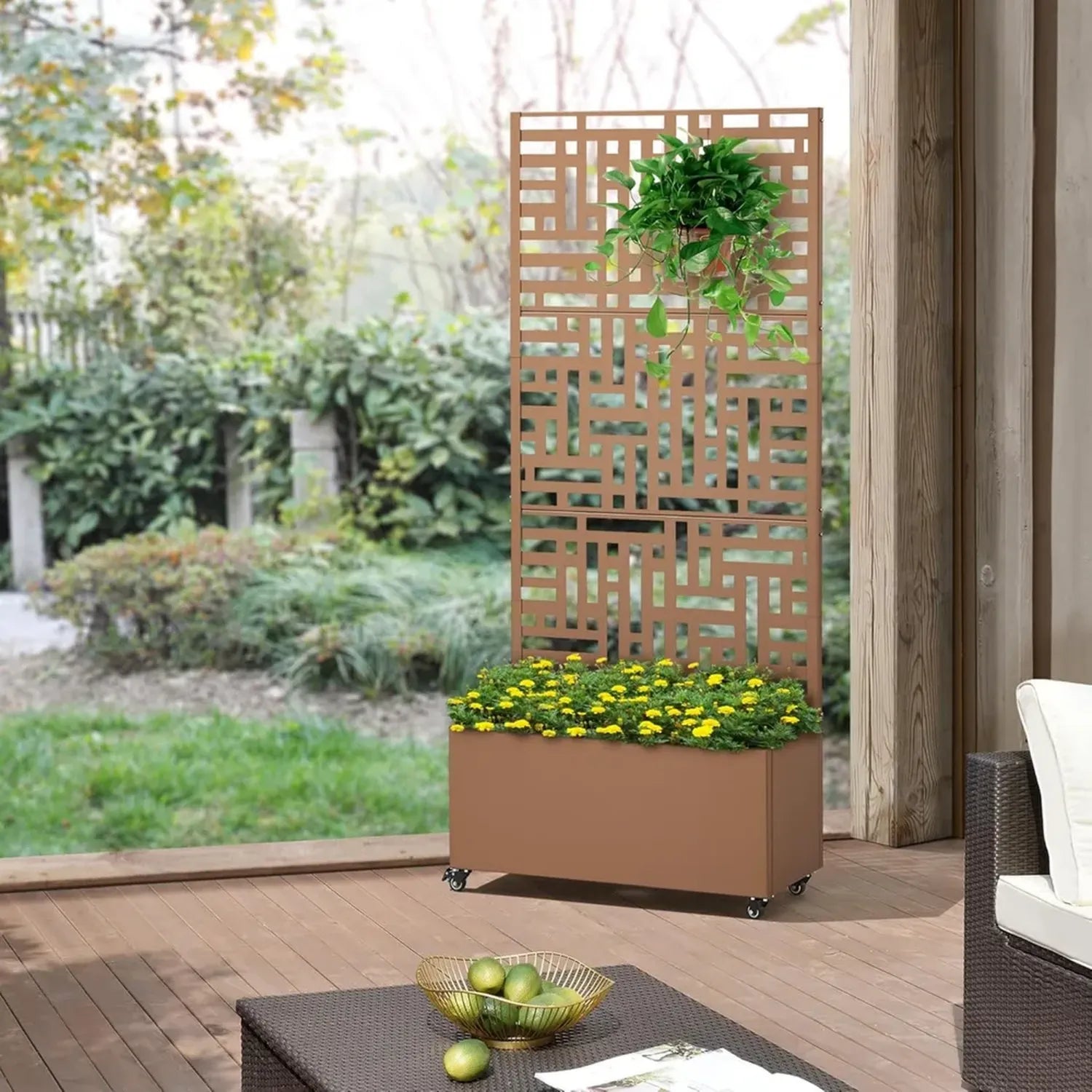 Paravent Jardin sur Roulettes avec Bac à Fleurs, Acier Galvanisé, Marron, 190x82x38 cm