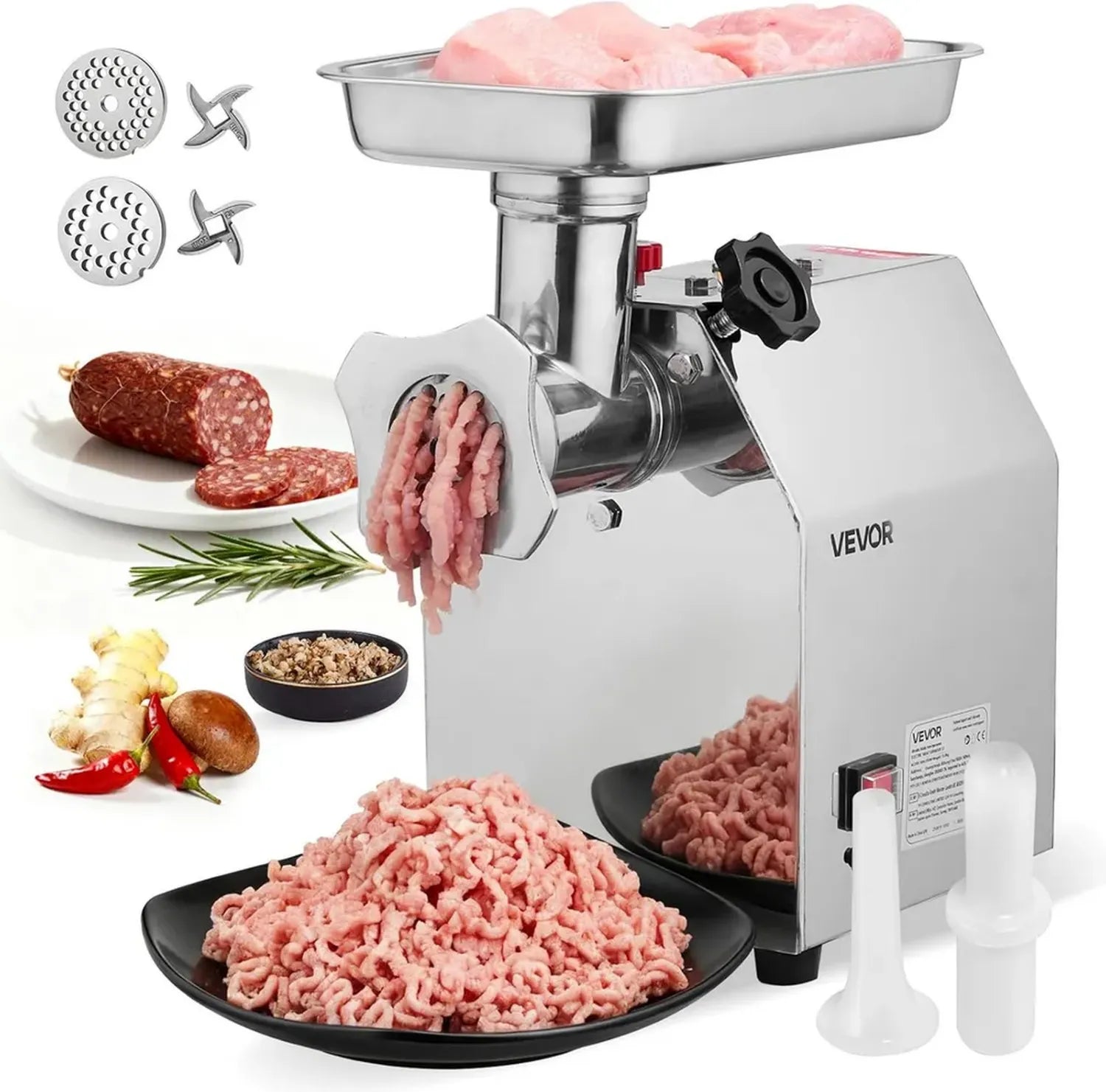 Hachoir à Viande Électrique VEVOR Inox, 2,49 kg/min, Poussoir à Saucisses pour Cuisine Professionnelle