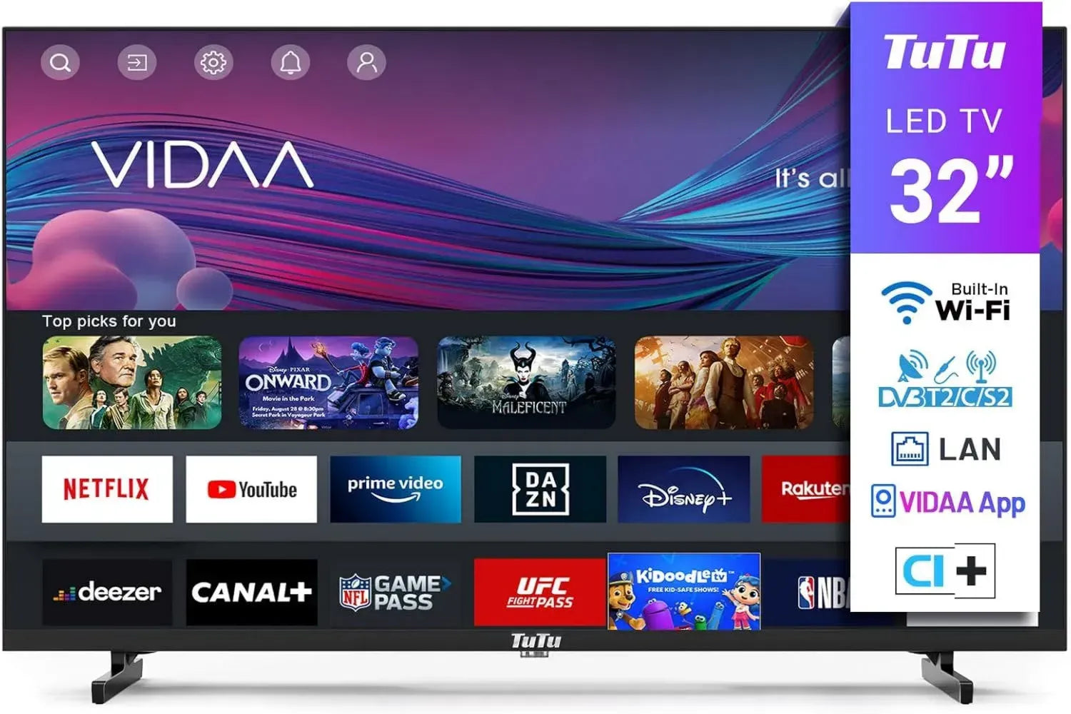 TuTu Téléviseur Intelligent 32' WiFi avec VIDAA, Tuner Triple, Applications Netflix, Disney+