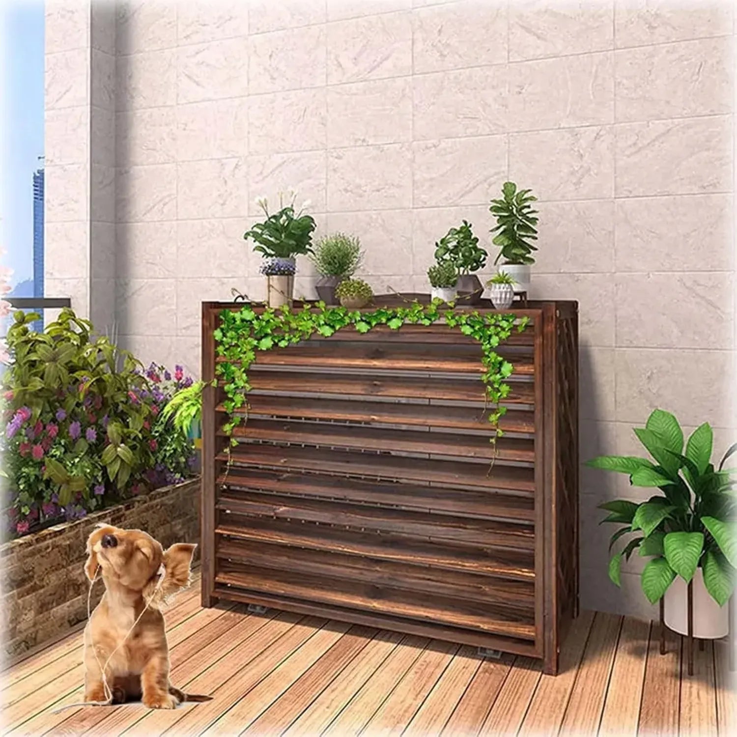 Enceinte en Bois pour Climatiseur avec Grille de Protection, Support à Fleurs Intégré, 81 x 32 x 70 cm, Design Élégant et Durable
