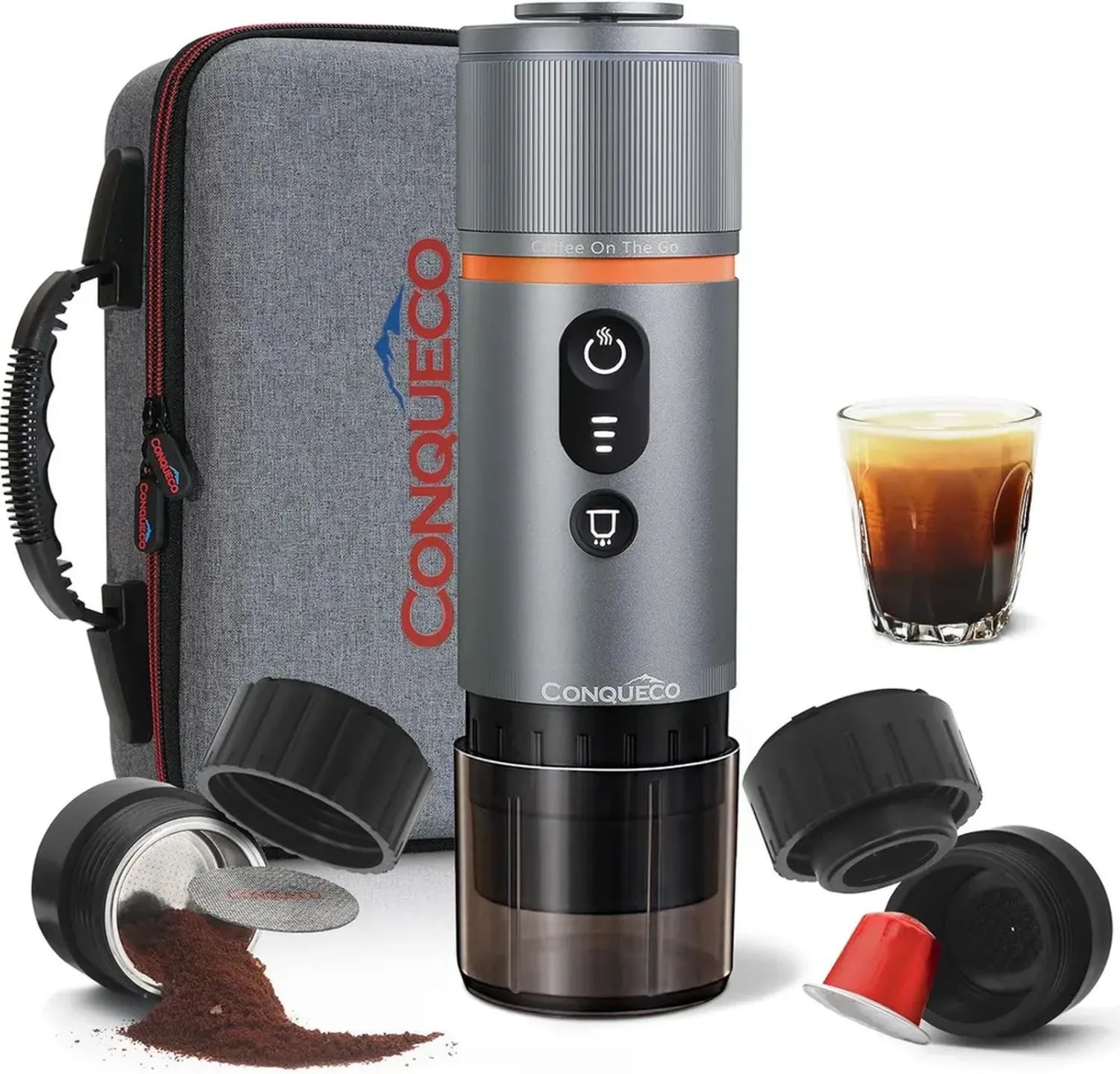CONQUECO Machine à Expresso Portable Électrique – Compacte pour Voyage en Voiture, Compatible Capsules Nespresso & Café Moulu