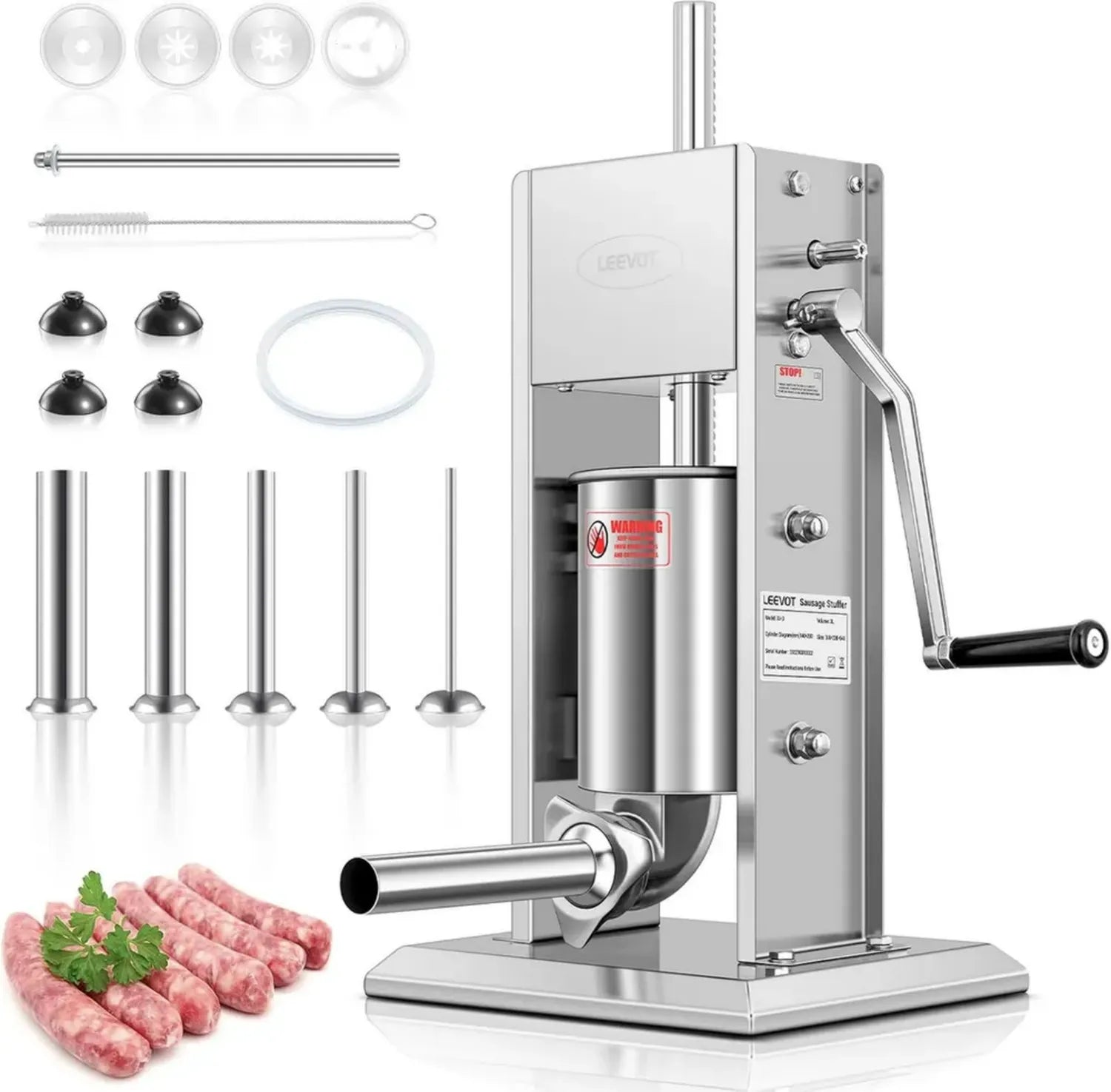 Poussoir à Saucisses Vertical en Acier Inoxydable, 7L avec 4 Embouts et 2 Vitesses, Argent