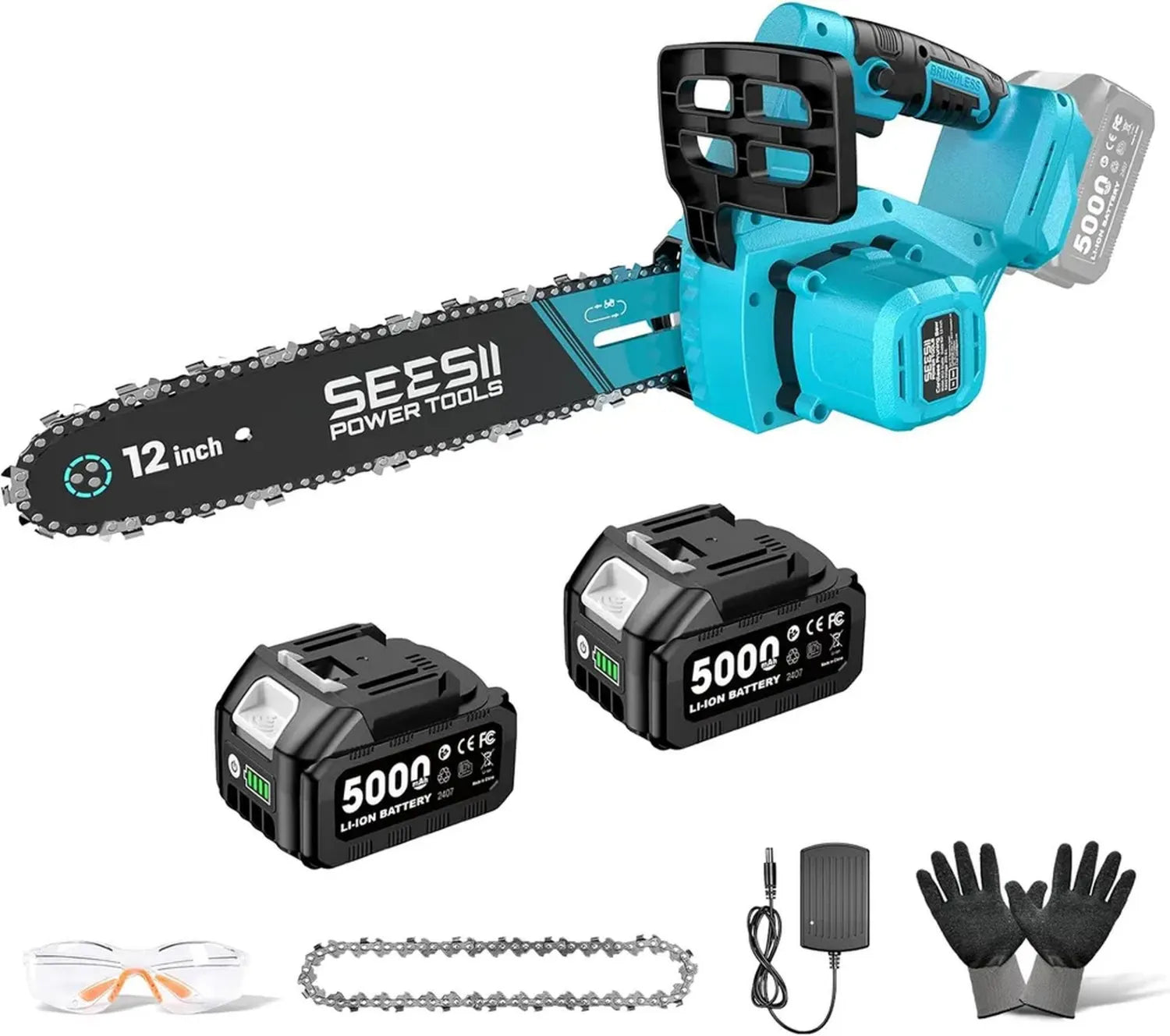 Tronçonneuse Électrique 12' SEESII avec Batteries 5.0Ah, Lubrification Automatique et Réglage Facile